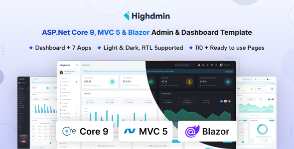 Highdmin - ASP.Net Core 9, MVC5 & Blazor Admin Dashboard Template