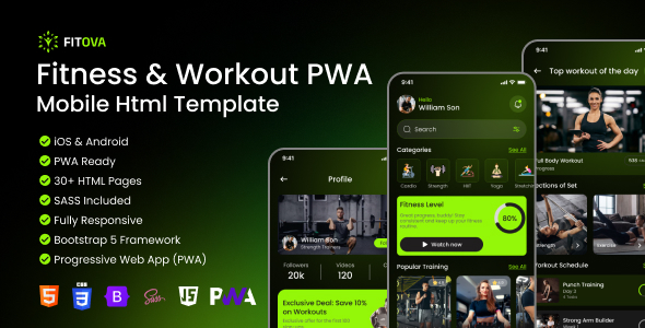 Fitova - Fitness & Workout Tracker — PWA Mobile HTML Template