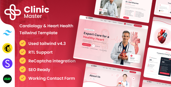ClinicMaster - Cardiology & Heart Health Tailwind CSS Template